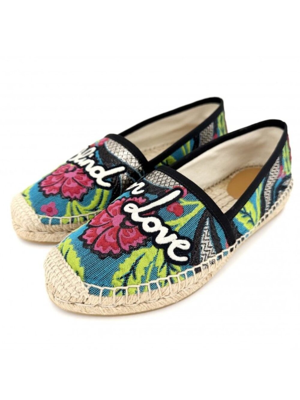 Gucci Slip on Blind for Love Espadrilles Shoes Canvas Raffia Blue Beige 36